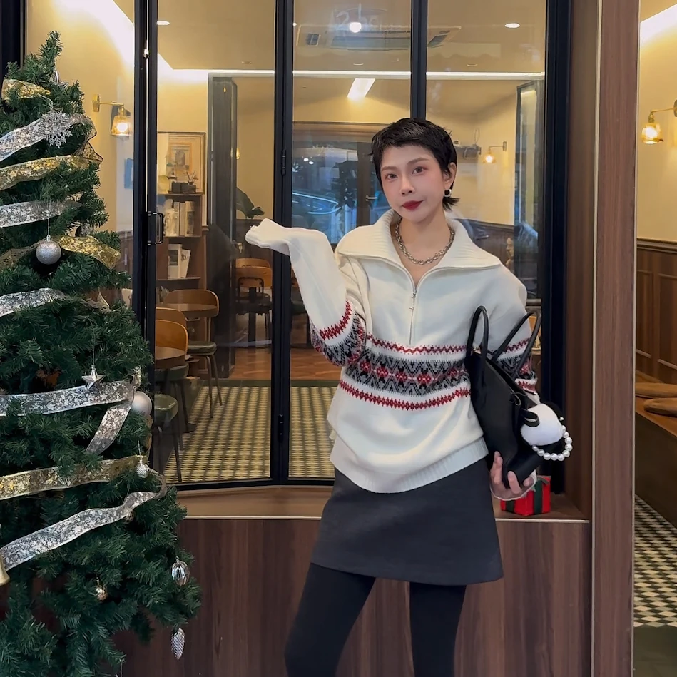 LYXZ x【莱茵河畔】冬季穿搭气质半拉链花纹针织毛衣75664