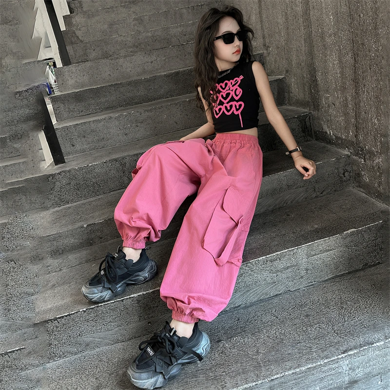 女童背心爵士舞套装2025新时髦工装裤儿童街舞蹈服洋气走秀演出服