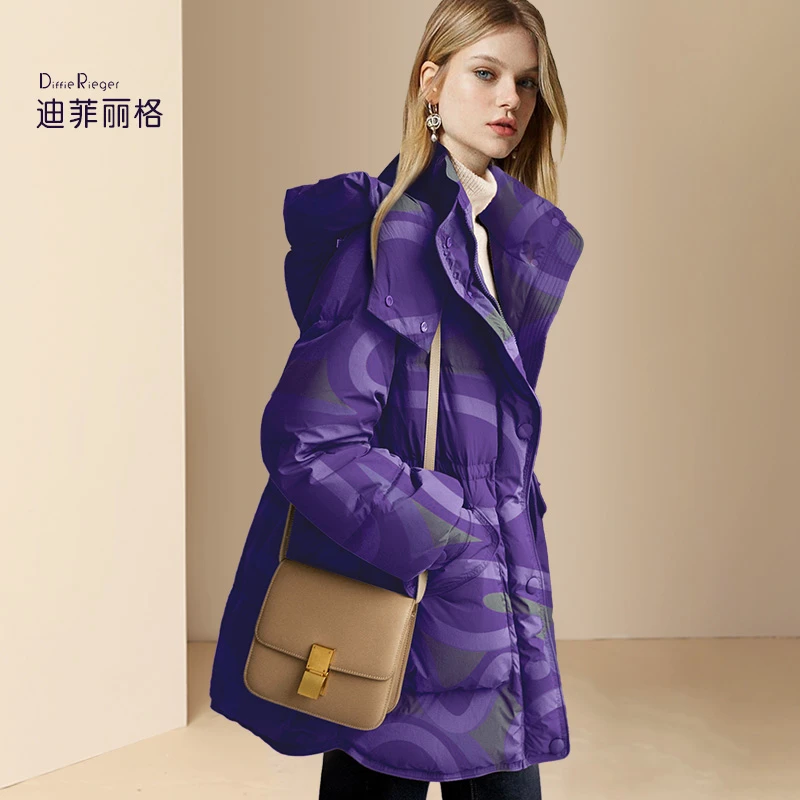 迪菲丽格冬装连帽紫色大衣女中长款2024新款时尚设计感保暖外套