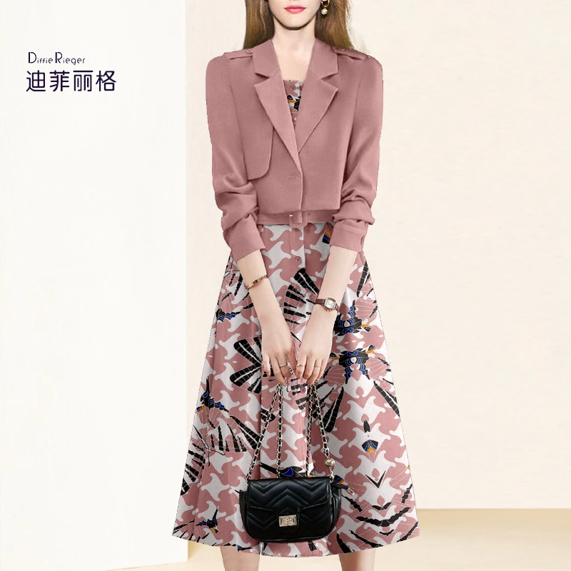 迪菲丽格时尚气质女神粉色外套印花连衣裙套装女新款减龄两件套C