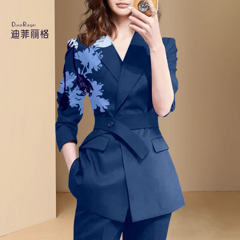 迪菲丽格印花职业西装外套春季2023年新款女装系带收腰休闲西服N