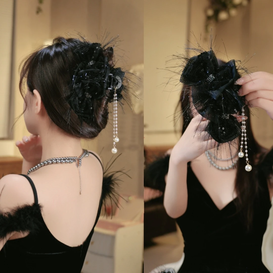 （孔雀）F3726超仙羽毛蝴蝶流苏亮片发夹百搭气质黑色发饰法式头饰