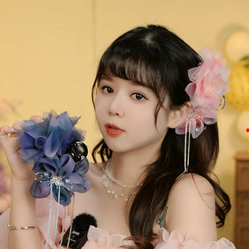 （浅海蓝蝶）F446小香风夏季流苏抓夹半扎发鲨鱼夹超仙花朵蓝色发夹