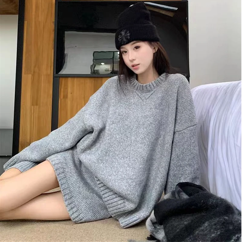 灰色时尚休闲针织套装女秋冬慵懒风宽松毛衣显瘦半身裙一整套穿搭