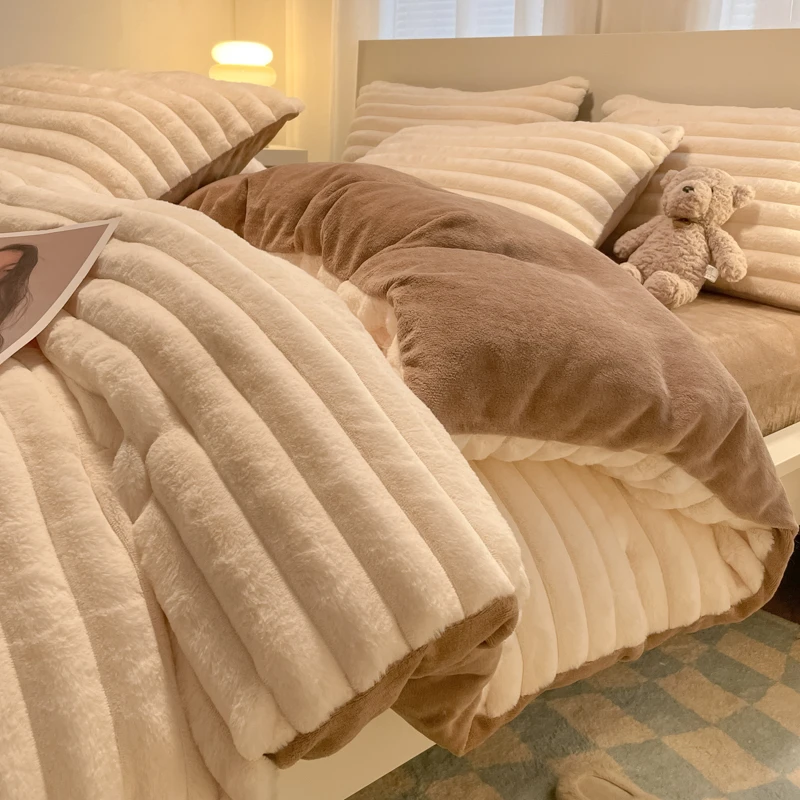 高级感网红款四件套冬季牛奶绒加厚毛绒被套珊瑚绒床单被罩三件套