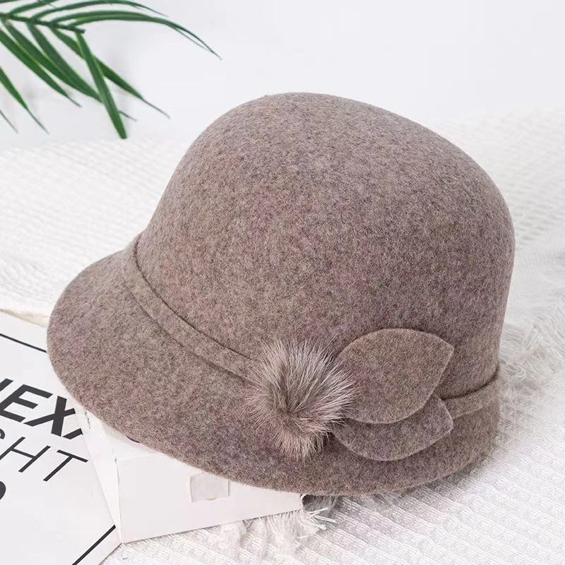 渔夫帽子女秋冬羊毛呢优雅花朵保暖盆帽显脸小休闲百搭复古小礼帽