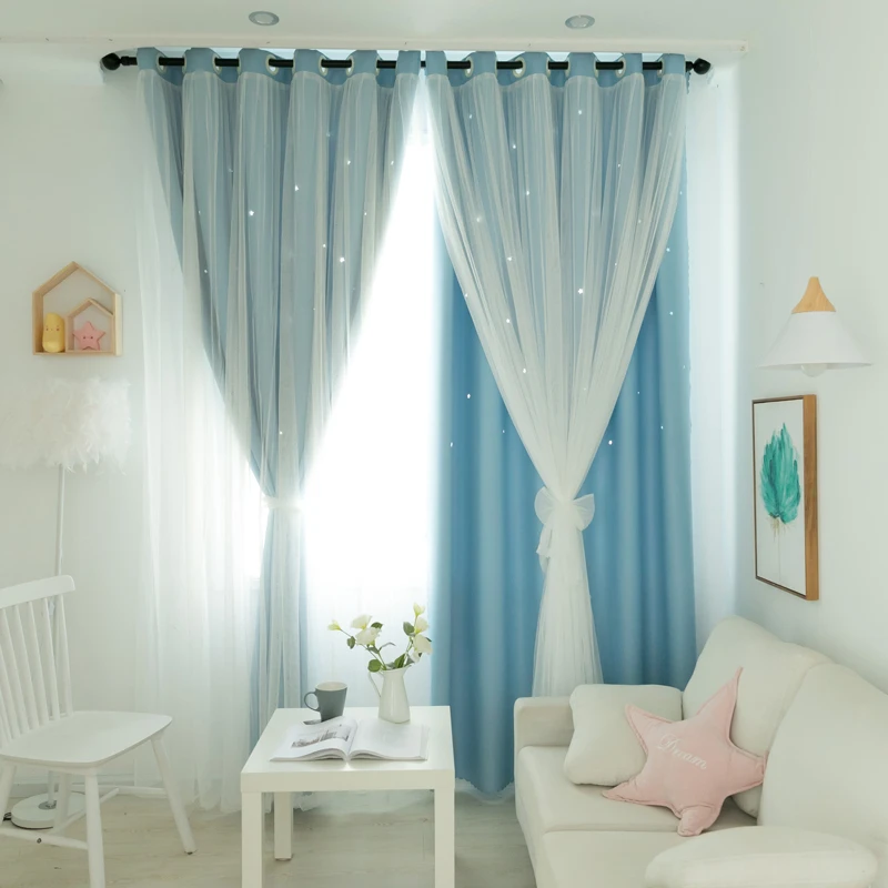 现代公主客厅窗帘北欧风网红款卧室双层抖音纱帘少女蕾丝遮光轻奢