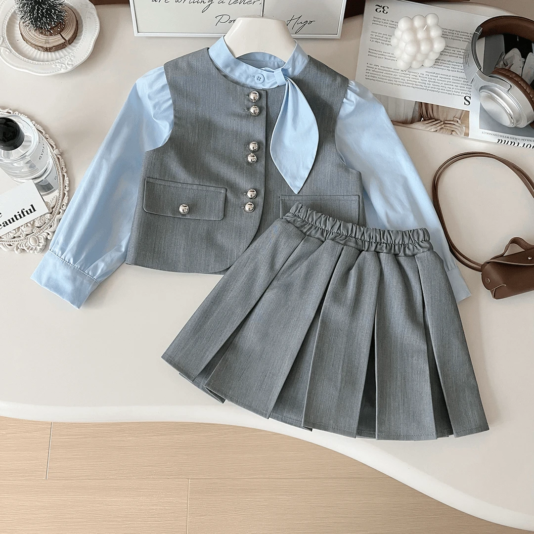 2025春季新款韩版女童套装时尚气质衬衫百褶裙洋气学院风三件套