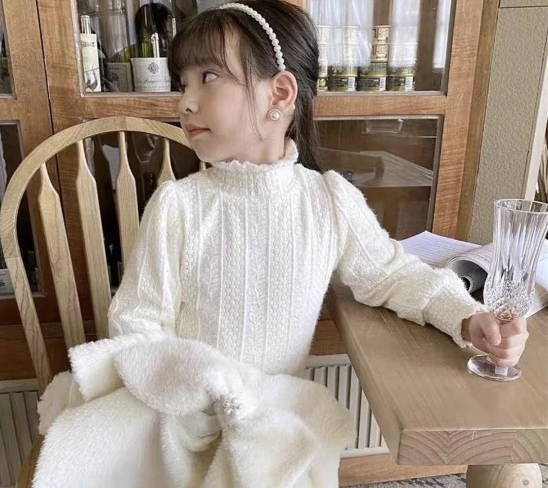 女童加绒打底衫冬装2024新款洋气儿童韩版网红女孩蕾丝公主上衣