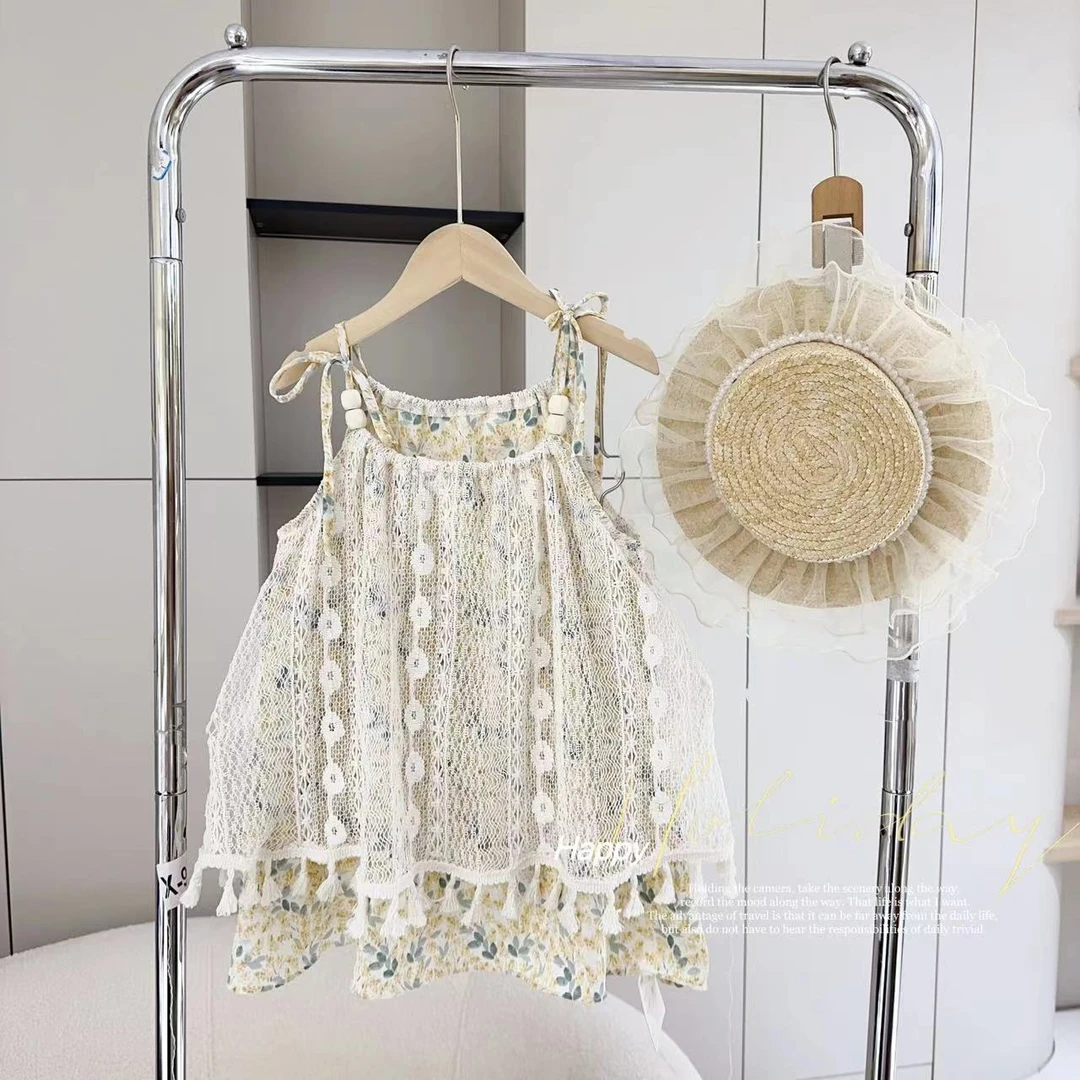 女童童装2024新款风设计感碎花拼接蕾丝假两件吊带裙夏季女宝