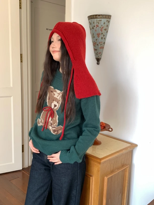 JillZoo自制！冬季新品显瘦节日款圣诞绿立体小熊毛衣