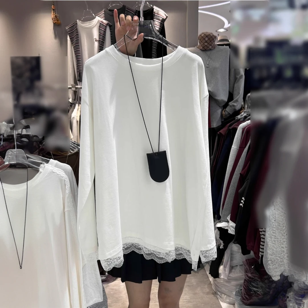 白色纯欲正肩中长款加绒蕾丝打底衫女秋冬内搭设计感长袖t恤上衣