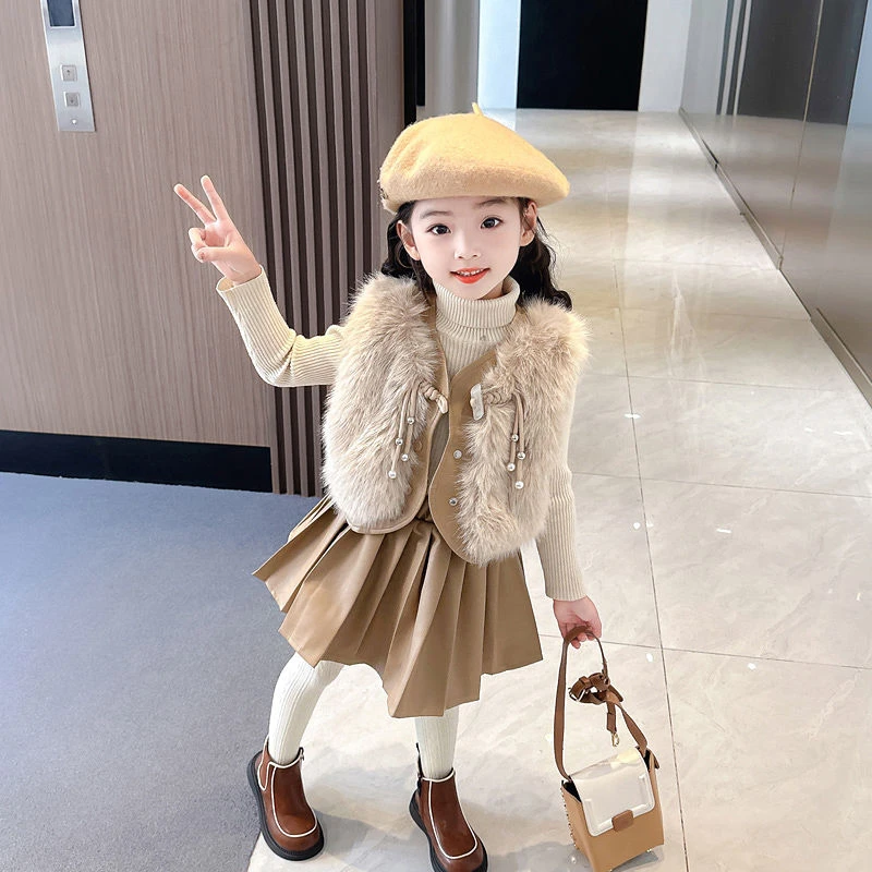 女童外套春季款2024新款洋气加厚春季季马甲女宝打底百褶裙三件套