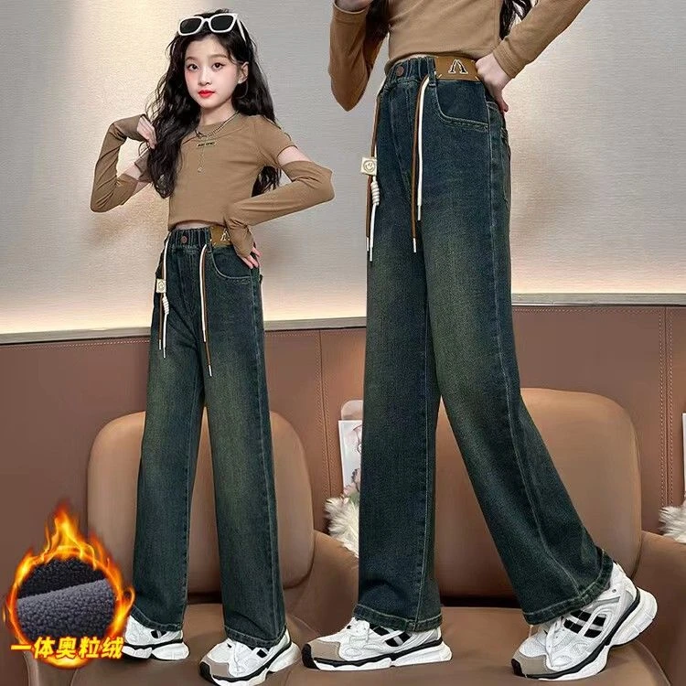 女童窄版复古冬季新款中大童加绒加厚一体绒时尚外穿直筒裤学生潮