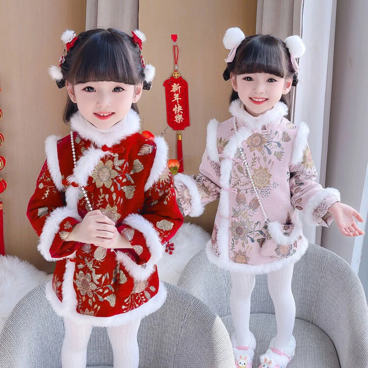 女童拜年儿童旗袍中国风连衣裙冬季加厚冬装唐装过年宝宝新年汉服