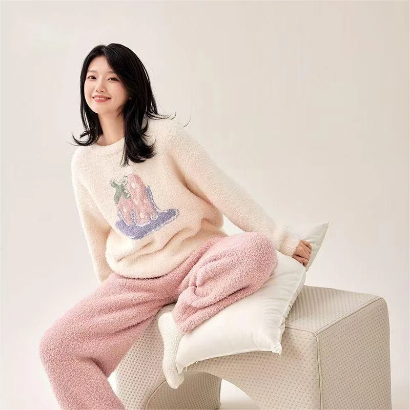 妍凯琳半边绒粉色草莓家居服睡衣套装可外穿秋冬新款套头织宽松