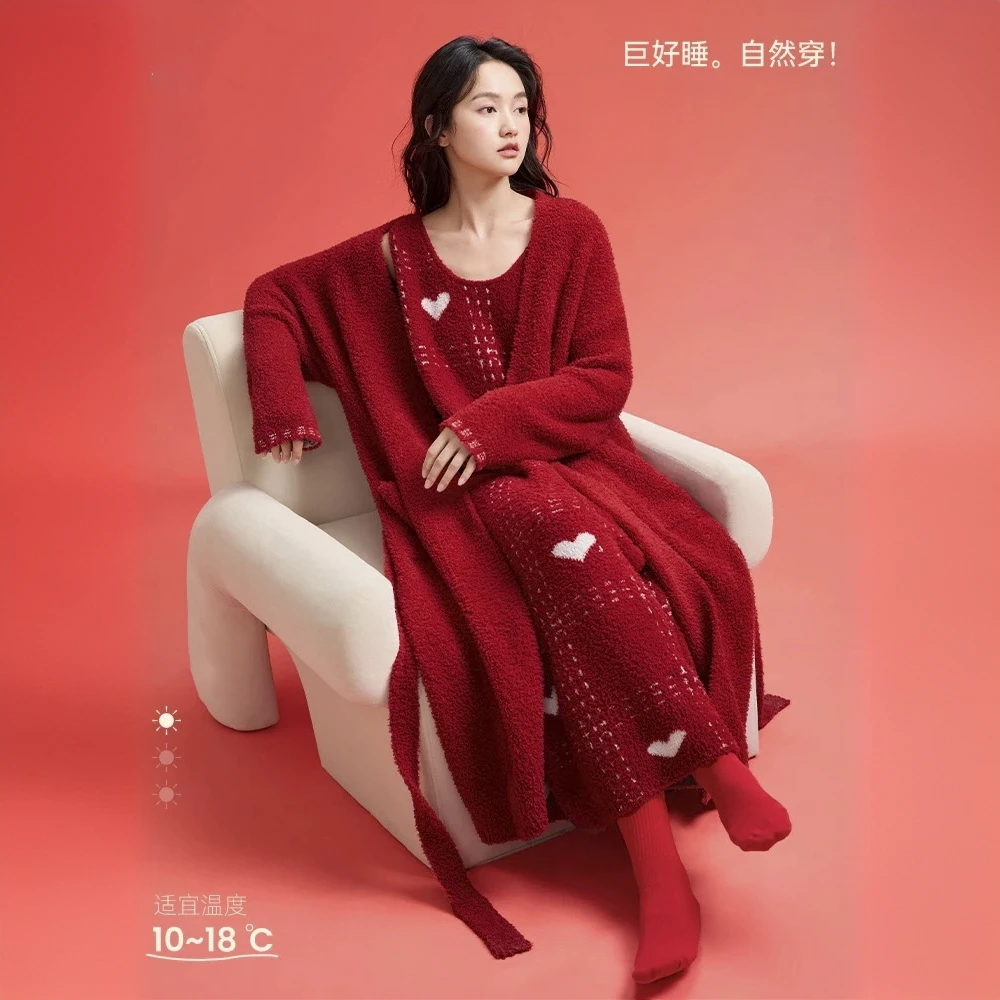 妍凯琳新款半边绒本命年红睡袍女秋冬宽松睡裙家居服保暖两件套装