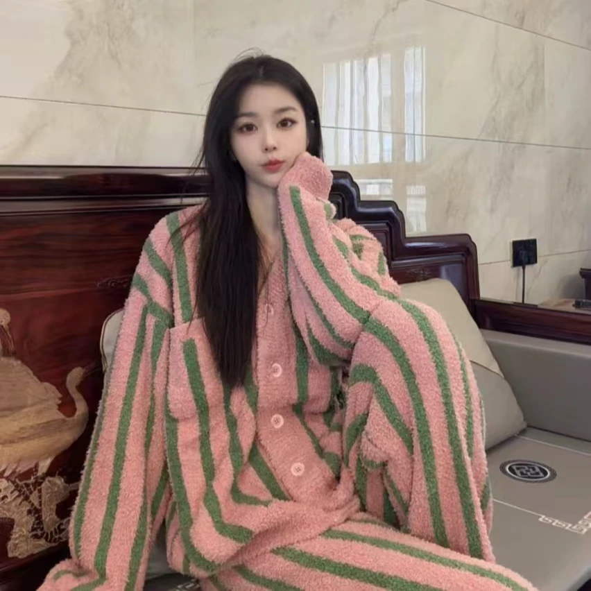 半边绒树莓粉开衫套装家居服睡衣可外穿加绒加厚款新年款小香风