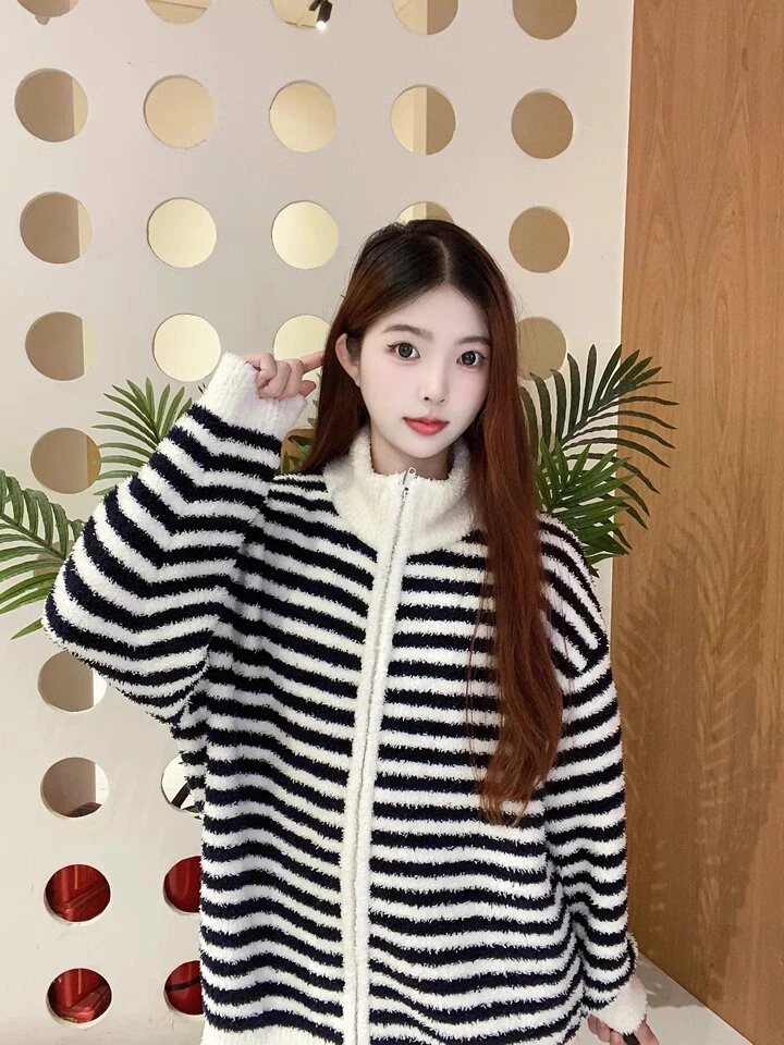 泡菜版斑马纹立领拉链半边绒睡衣女冬季加厚家居服套装可外穿睡衣