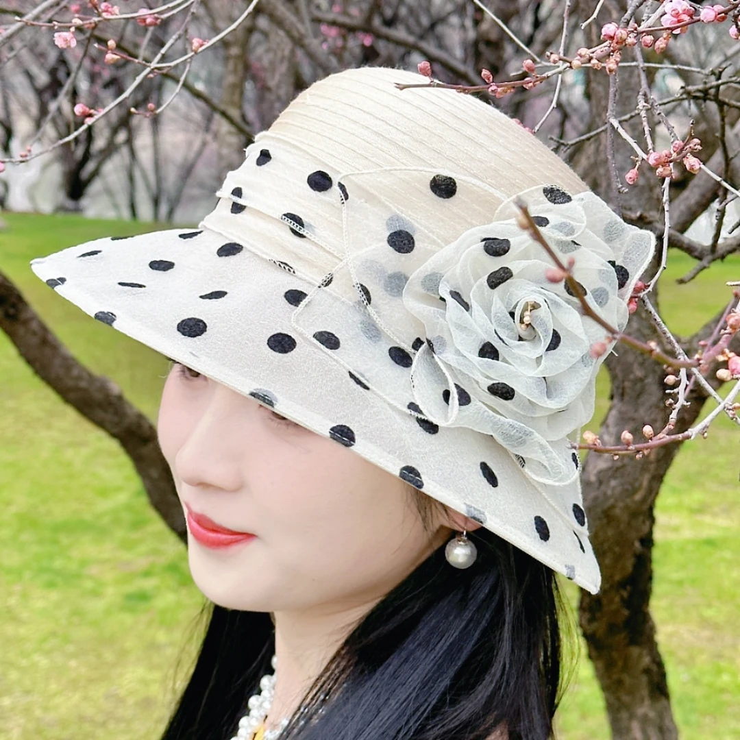 【围奕】春夏秋洋气优雅波兰蕾丝欧根纱立体花朵多色帽子遮阳防晒