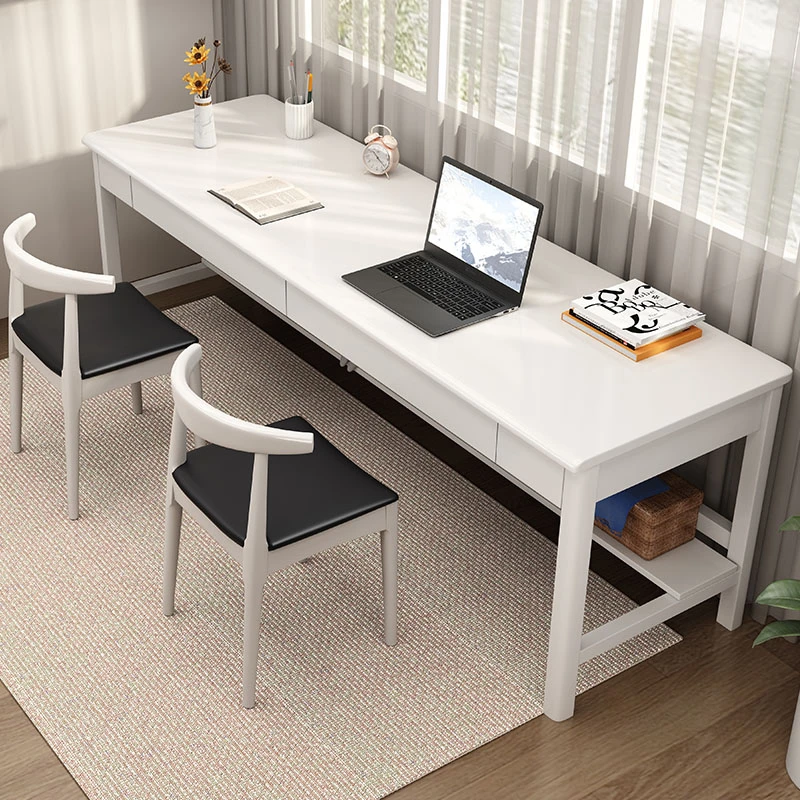 全实木双人书桌家用简约办公电脑桌初高中生学习桌靠窗长款写字桌