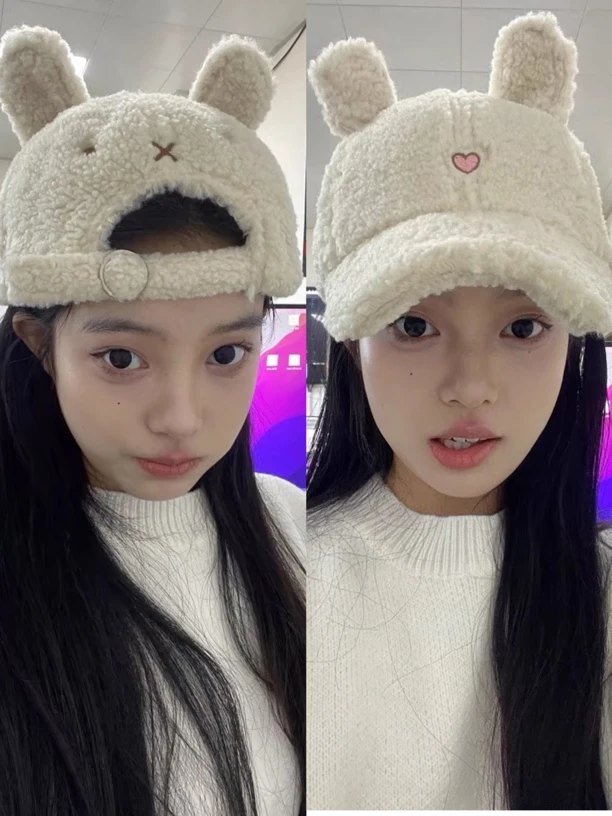 正反两戴棒球帽可爱米菲兔耳朵毛绒帽子女冬季保暖显脸小鸭舌帽