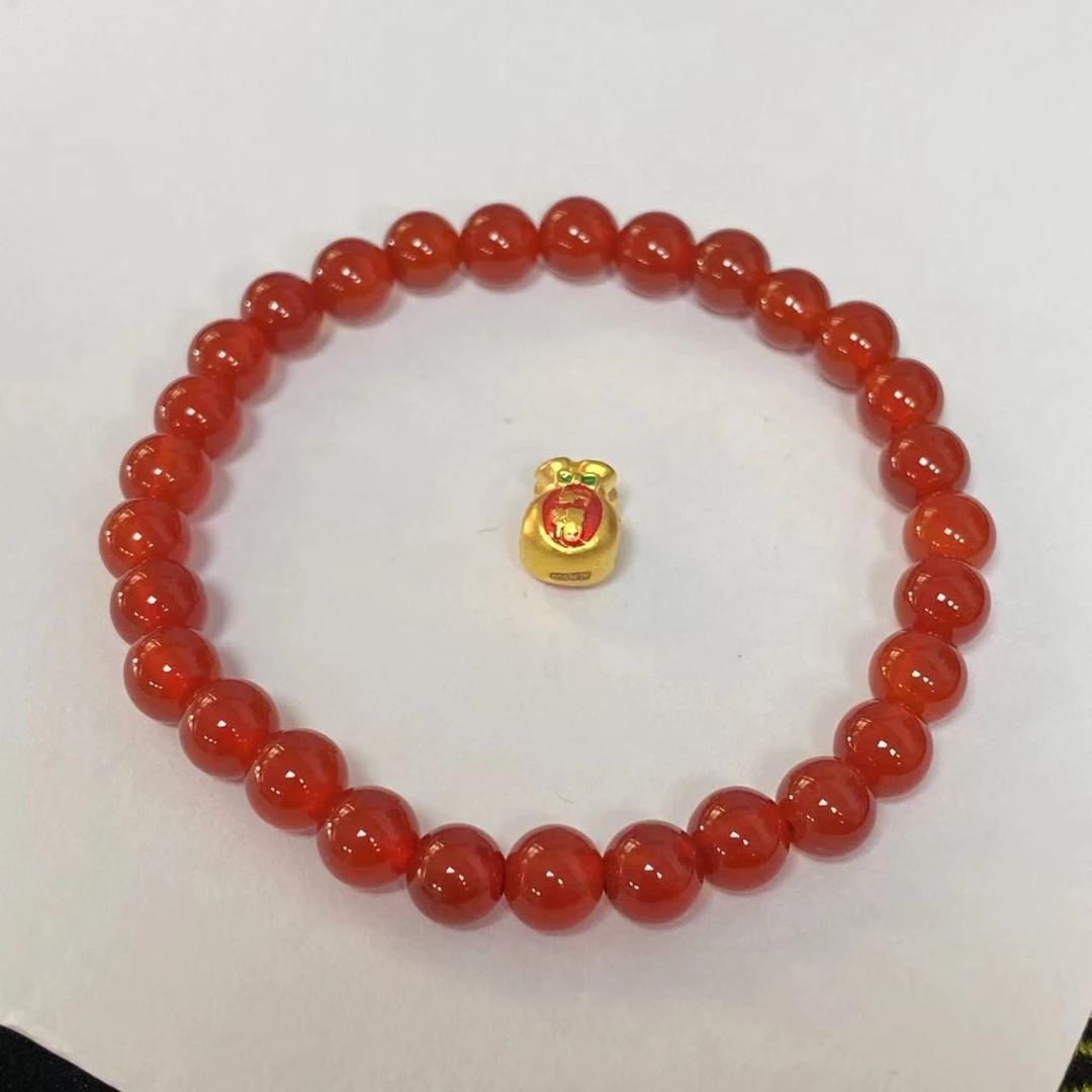 足金招财纳福福袋玛 瑙手链@@A203
