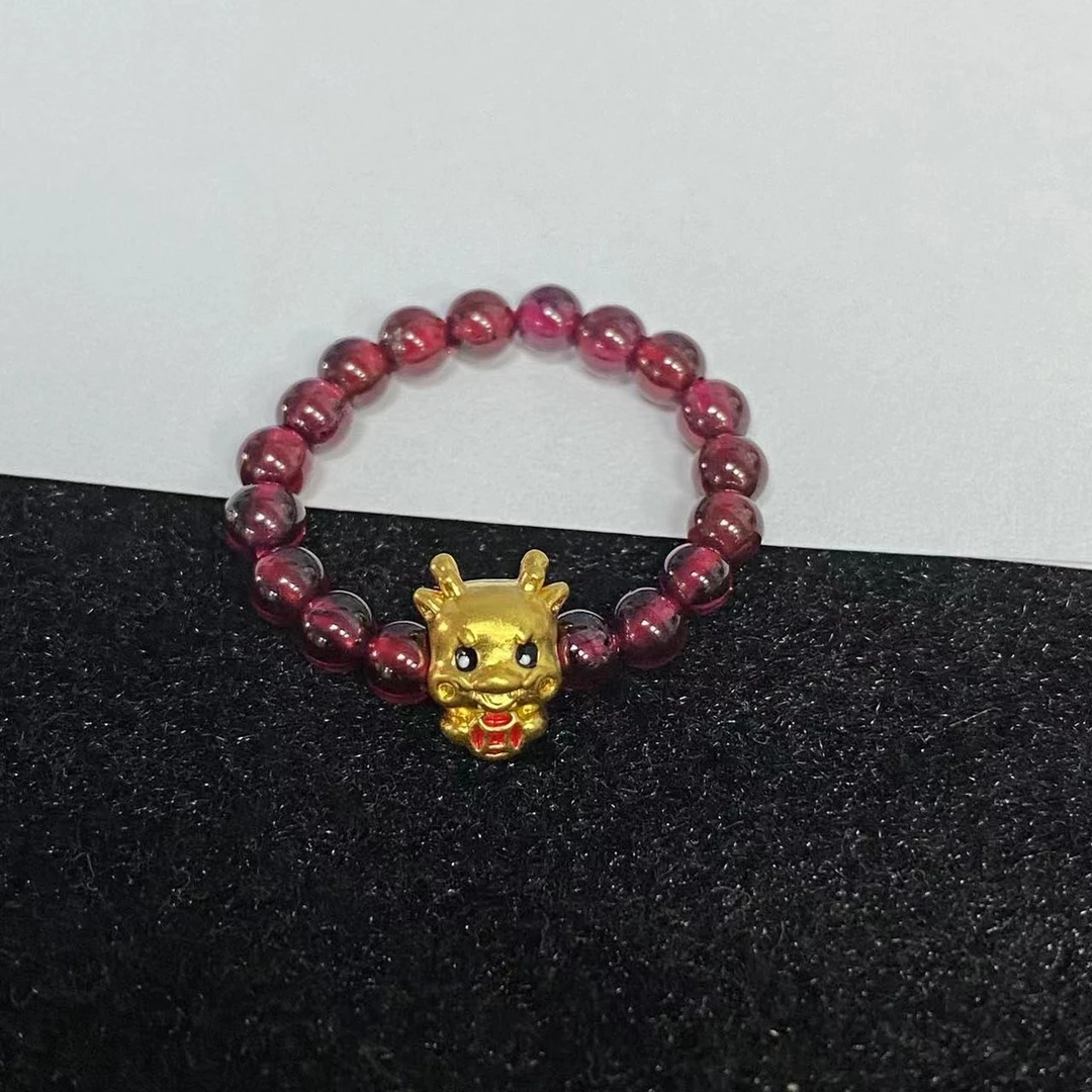 足金单个五福龙 钱币发财龙石 榴 石戒指时尚@@A156