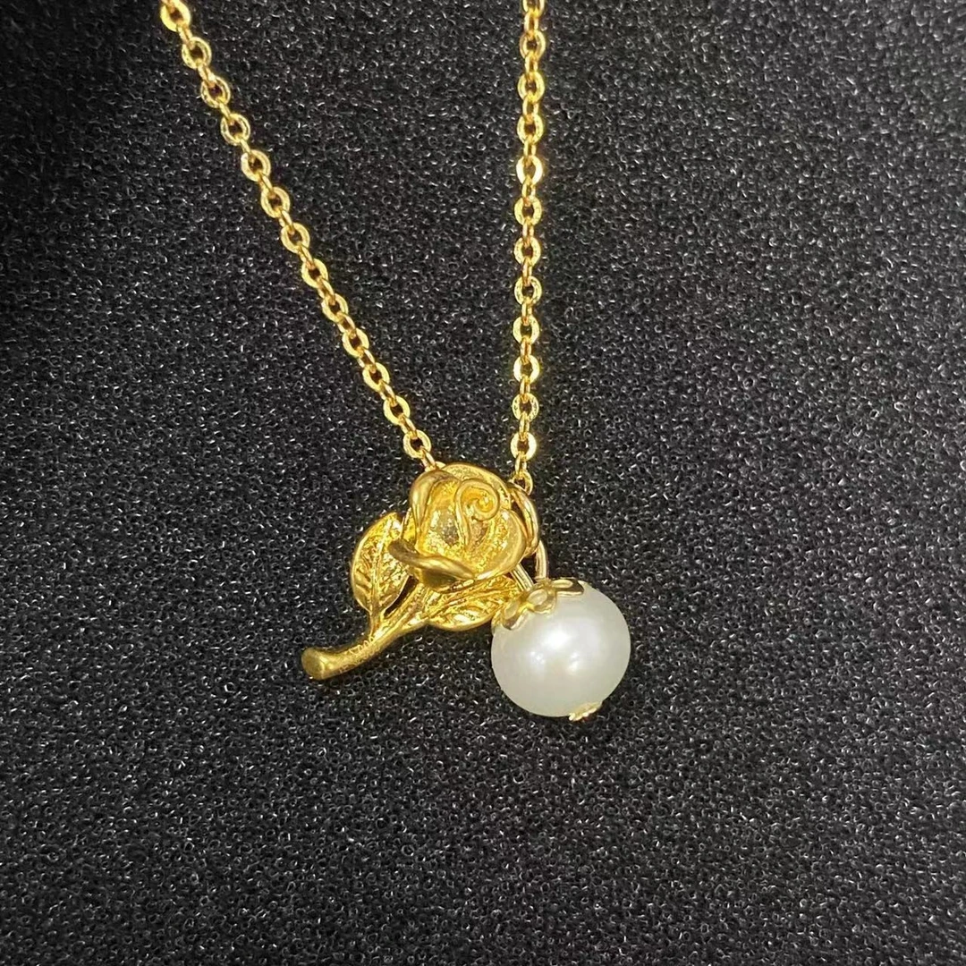 足金玫瑰花吊坠珍珠滴流@@A141