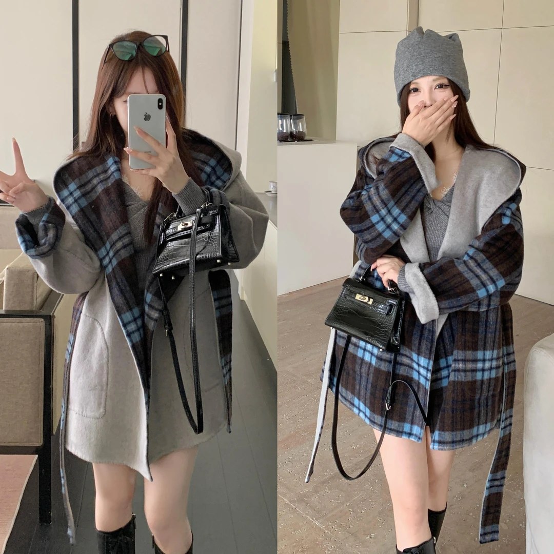 双面穿连帽外套女2025年新款秋季大码胖mm宽松显瘦设计感小众大衣