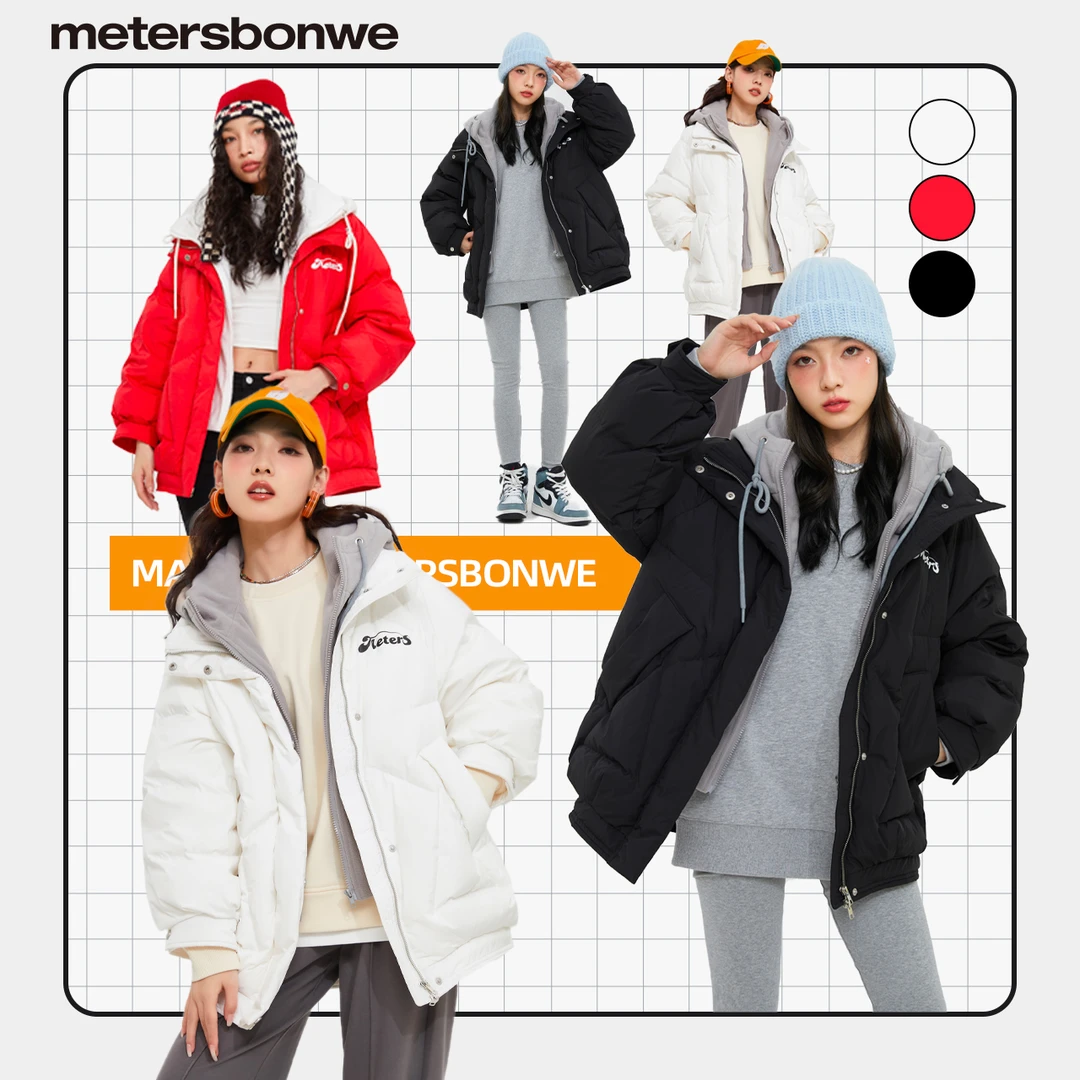 美特斯邦威羽绒服女假两件拼接珊瑚绒夹克白色印花上衣甜美732575