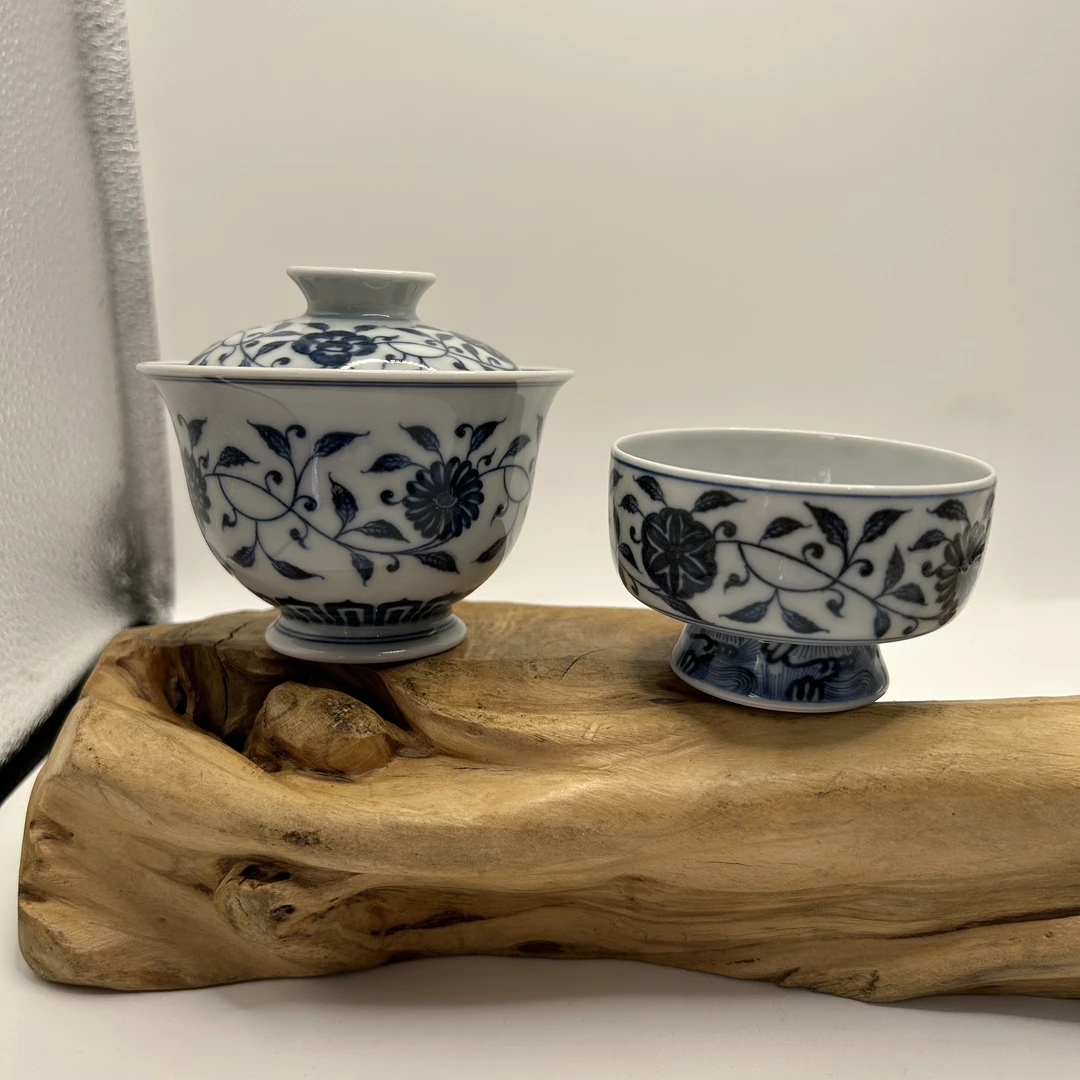 【师老师督造1027-44】青花缠枝纹手绘2才盖碗120ml+高足直口杯60ml