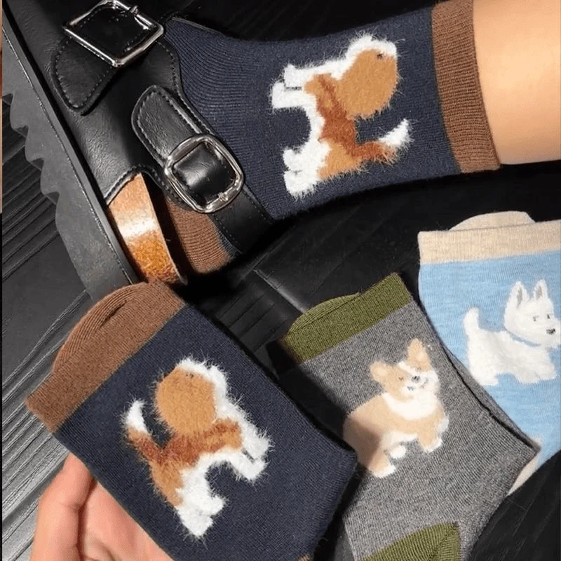 春秋可爱小狗中筒袜韩版卡通ins日系学院风复古百搭植绒堆堆袜F