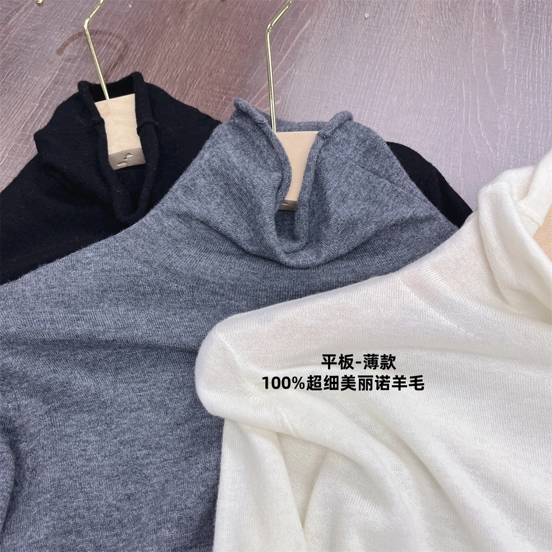 100%超细美丽诺羊毛~薄款 堆堆领平板宽松纯羊毛毛衣打底衫