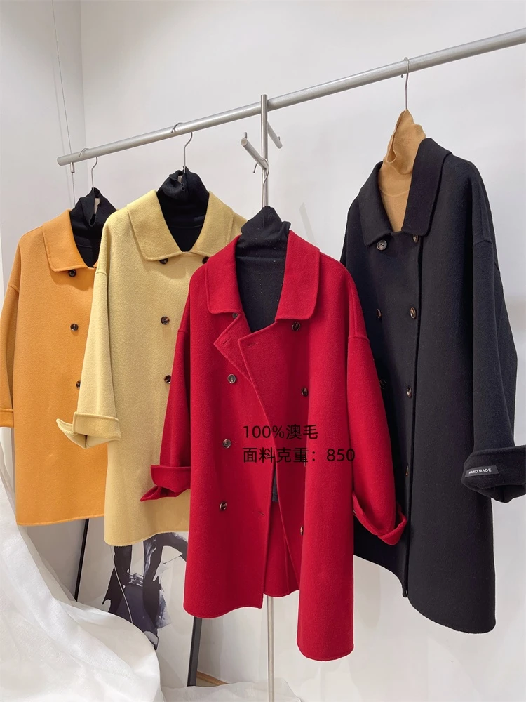 清货价~1018娃娃领100%澳毛宽松大衣  超阔版 双面羊毛大衣女