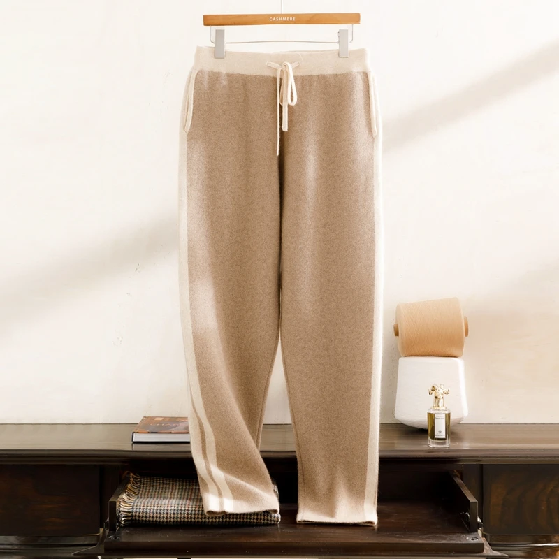 LP同款撞色直筒羊绒裤男秋冬新款加厚戎美纯羊绒休闲保暖小脚裤