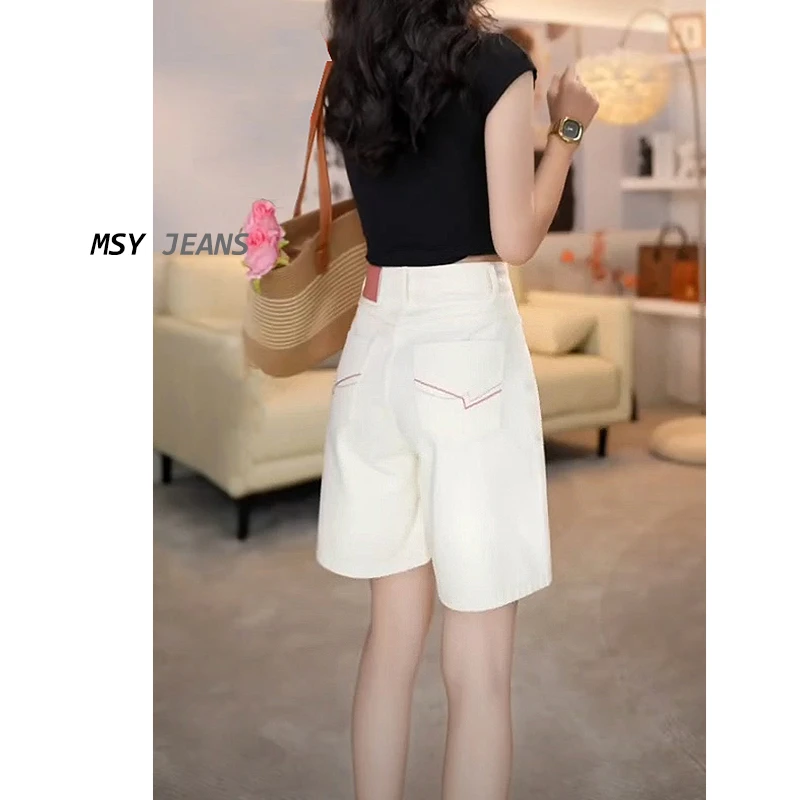 美思源白色牛仔短裤爆款夏季新款小个子薄款高腰阔腿五分裤热裤