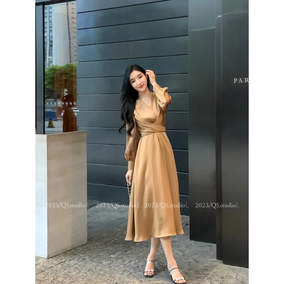 [-现现库存]法式轻熟风绑带缎面小众长袖连衣裙设计感轻奢长裙023