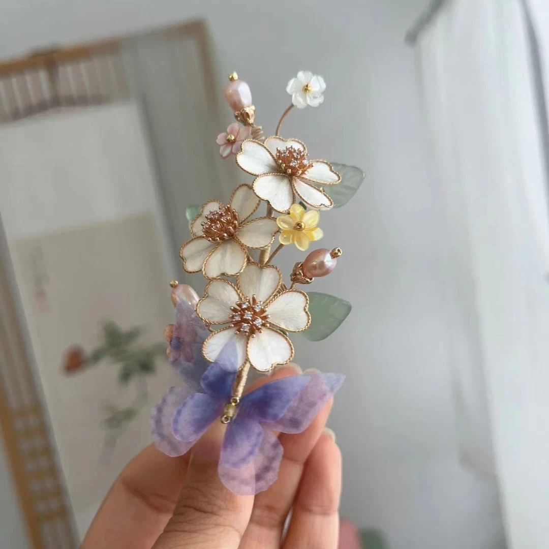 风晚林原创古风汉服配饰绒花薄纱蝴蝶软杆紫蝶
