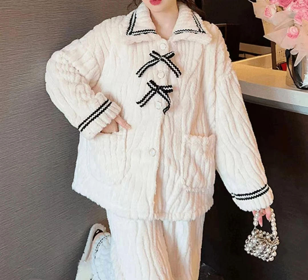 【小易优选】秋冬季白蝴蝶睡衣加绒加厚长袖韩版睡衣可外穿家居服