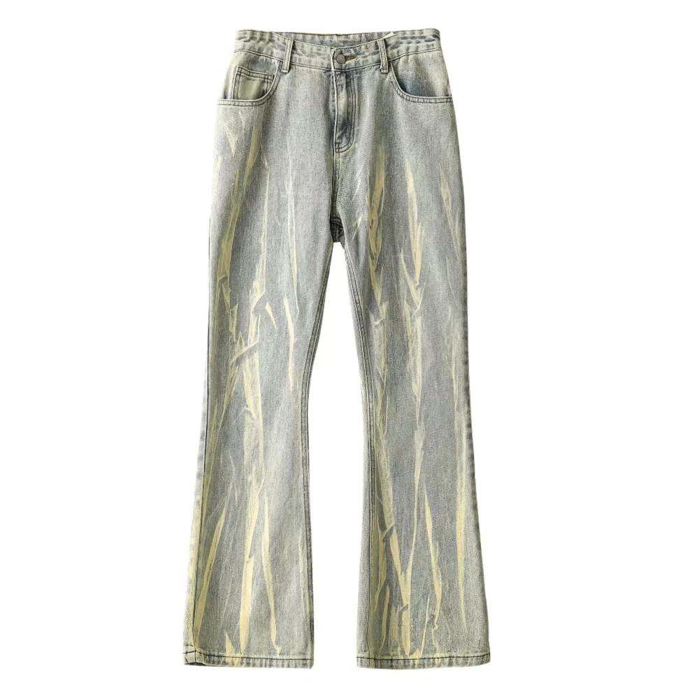 D04#美式高街黄泥染做旧闪电纹扎染牛仔裤vibe显瘦直筒微喇长裤