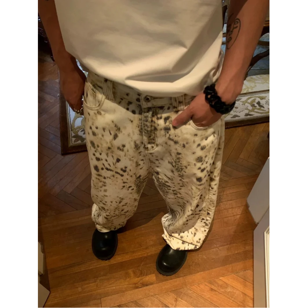 N-46#新款潮牌豹纹牛仔裤男春夏美式复古阔腿拖地裤宽松休闲裤子