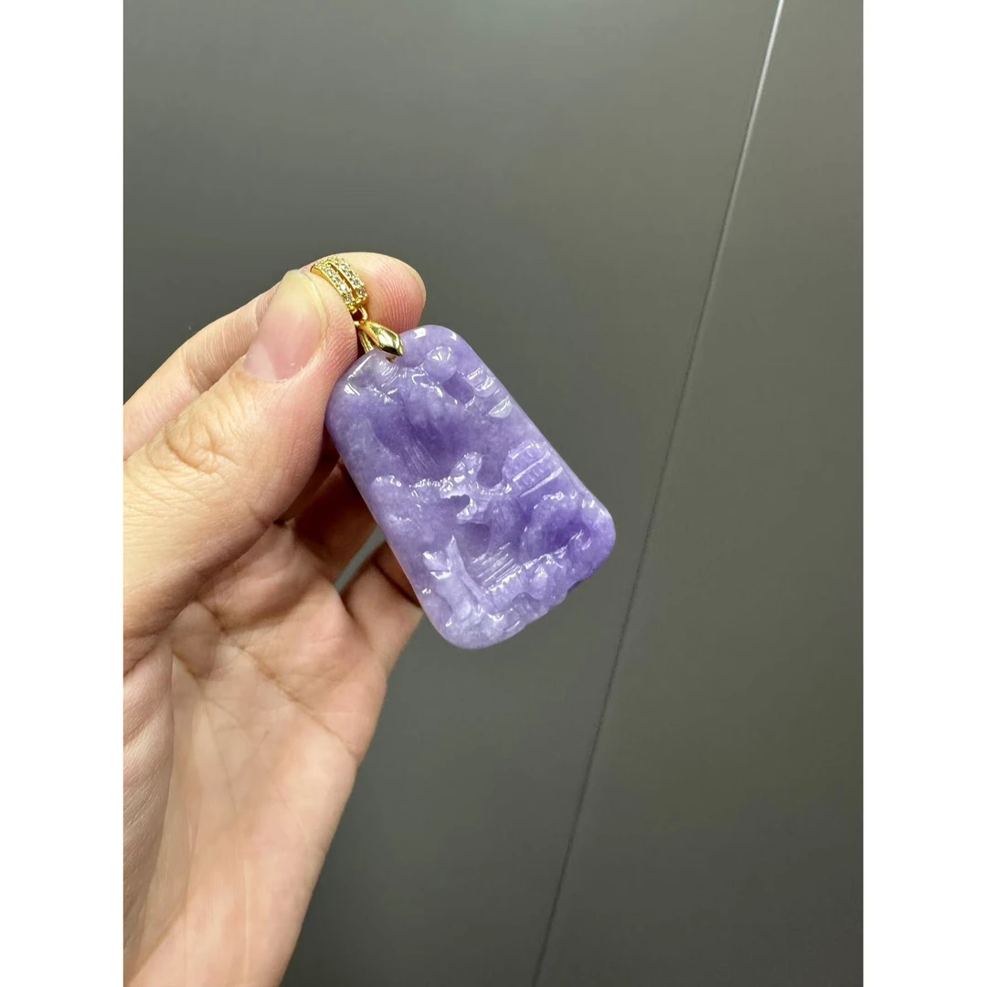 高货紫色山水牌吊坠