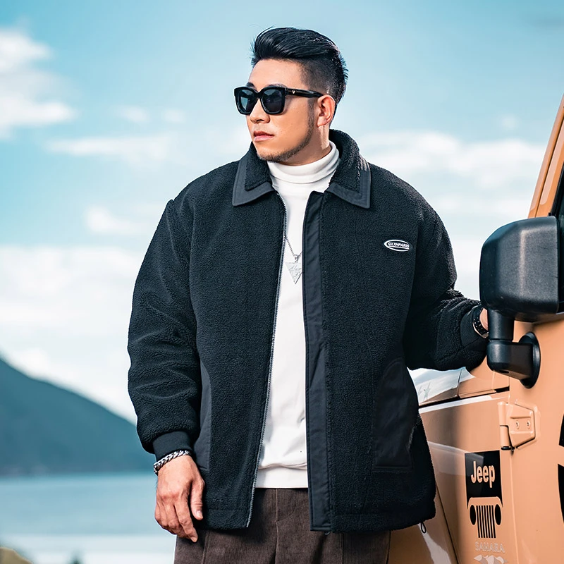 GxxH冬季潮牌大码男装2022年美式胖子新款翻领羊羔绒加厚外套棉衣