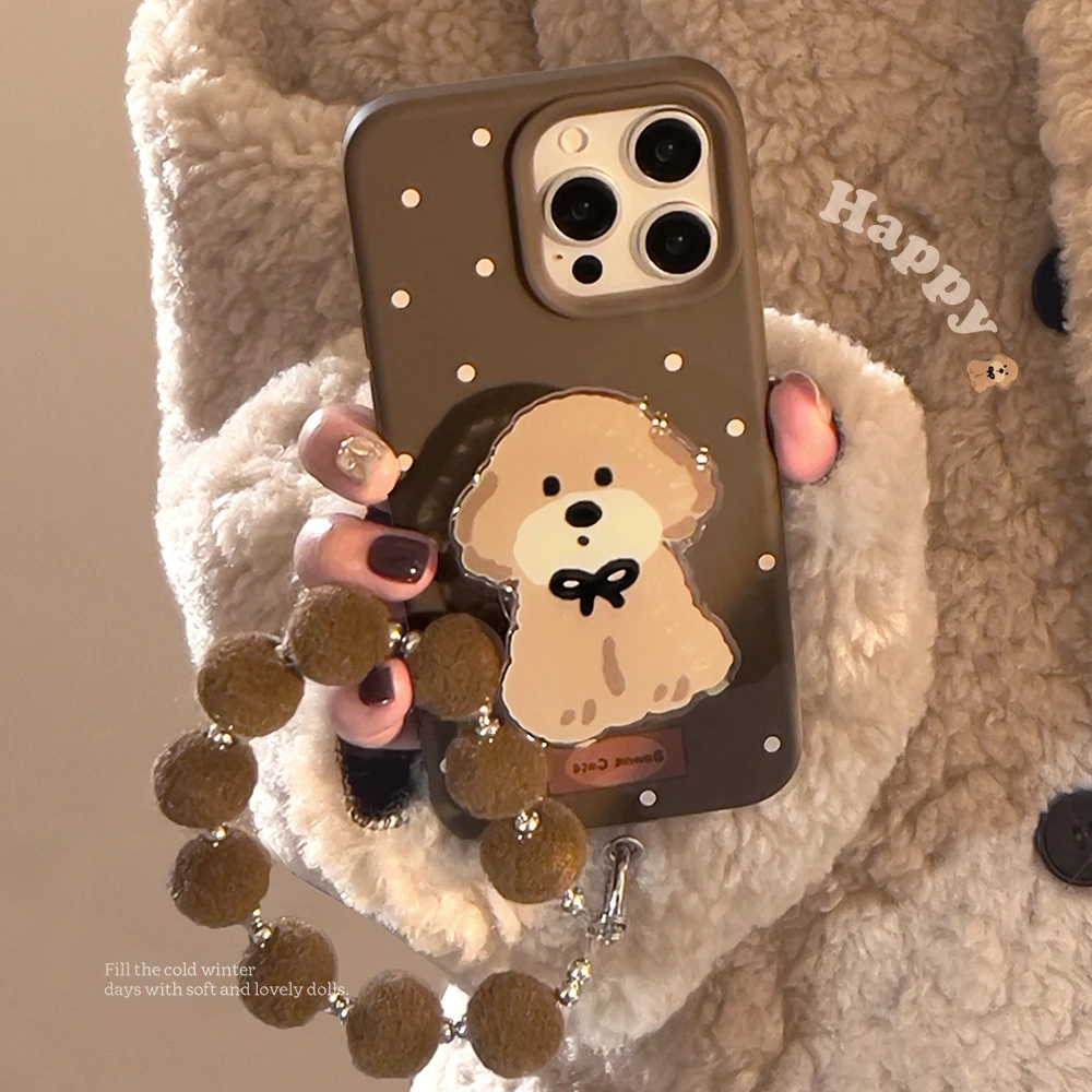 秋冬卡通小狗支架苹果15手机壳iphone16promax适用14毛绒挂链13软