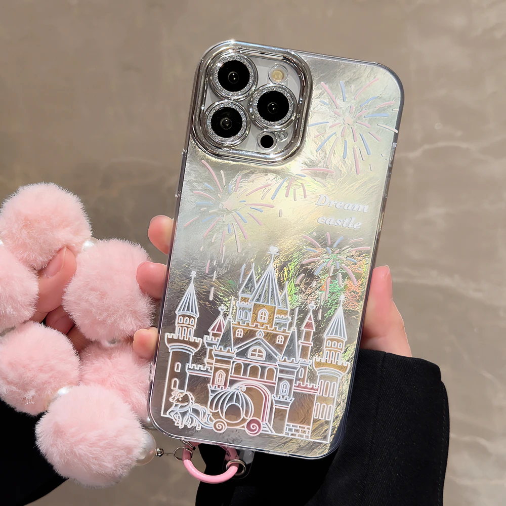 晕染烟花城堡适用苹果16手机壳15promax毛绒12手链11电镀14镜头膜