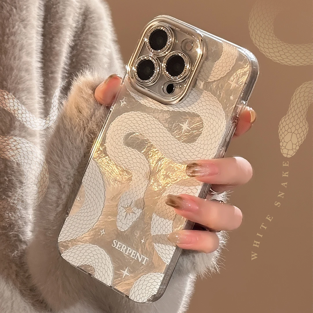 白蟒蛇纹手机壳适用苹果15promax镜头膜iphone16硬12高级感14闪粉