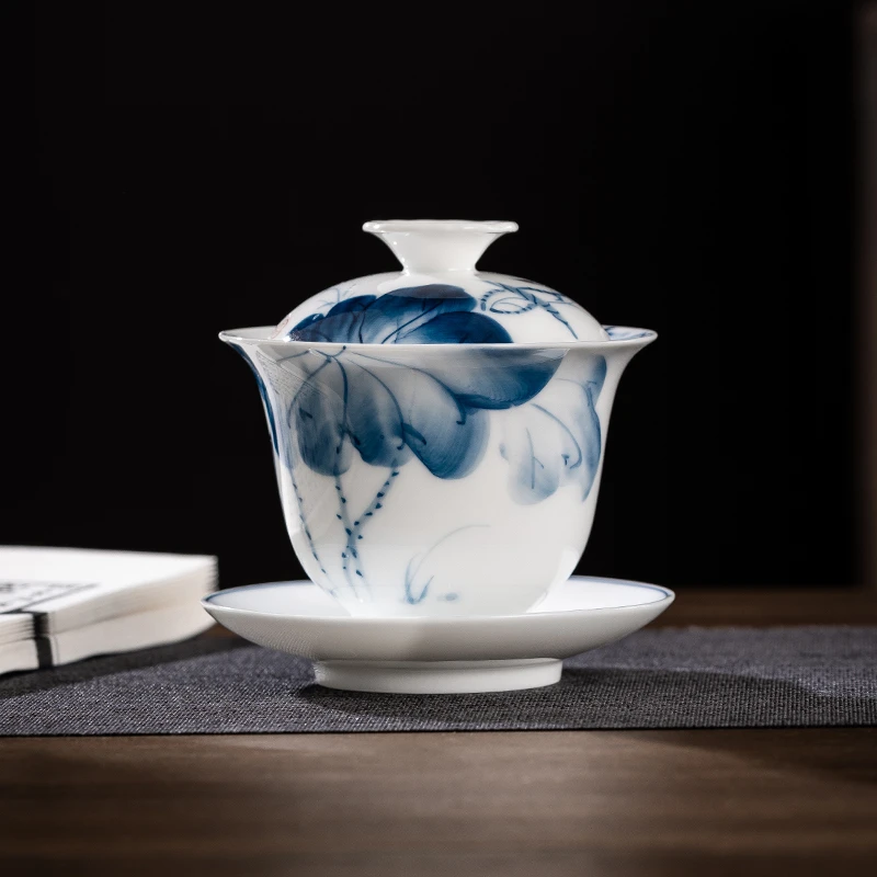 陶瓷手绘青花瓷三才盖碗冲茶介碗高档茶杯茶具套装大号功夫泡茶碗