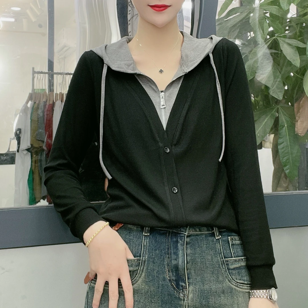 【众帆女装】秋季时尚连帽抽绳休闲百搭洋气拼接假两件长袖打底上衣