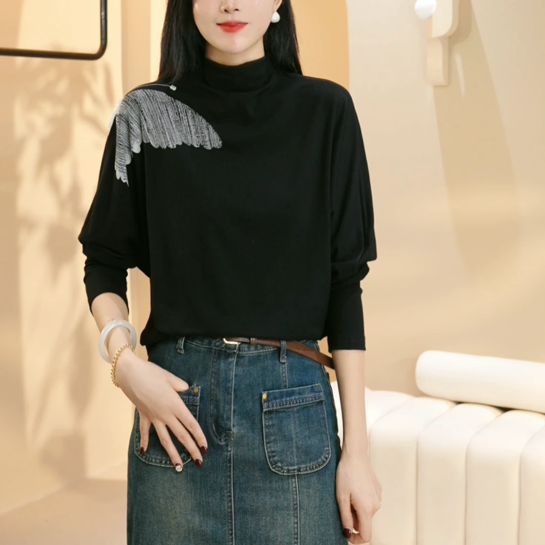 【众帆女装】秋季时尚百搭半高领半高领宽松蝴蝶女士长袖上衣